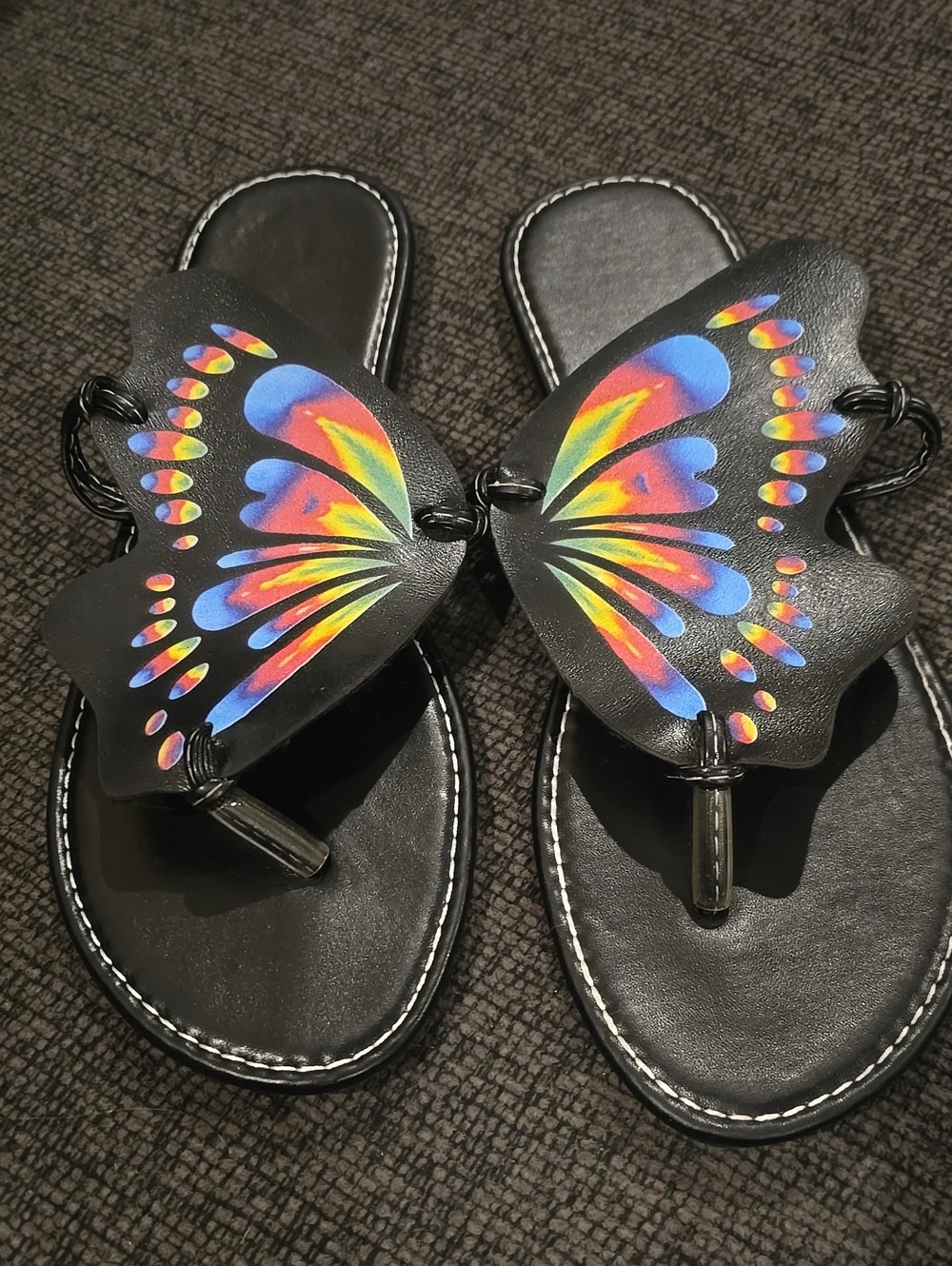 Black Butterfly-Print Thong Sandals